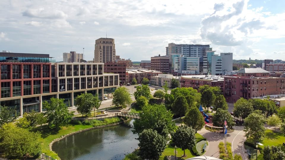 Downtown Kalamazoo skyline with Arcadia Creek and modern buildings in Southwest Michigan