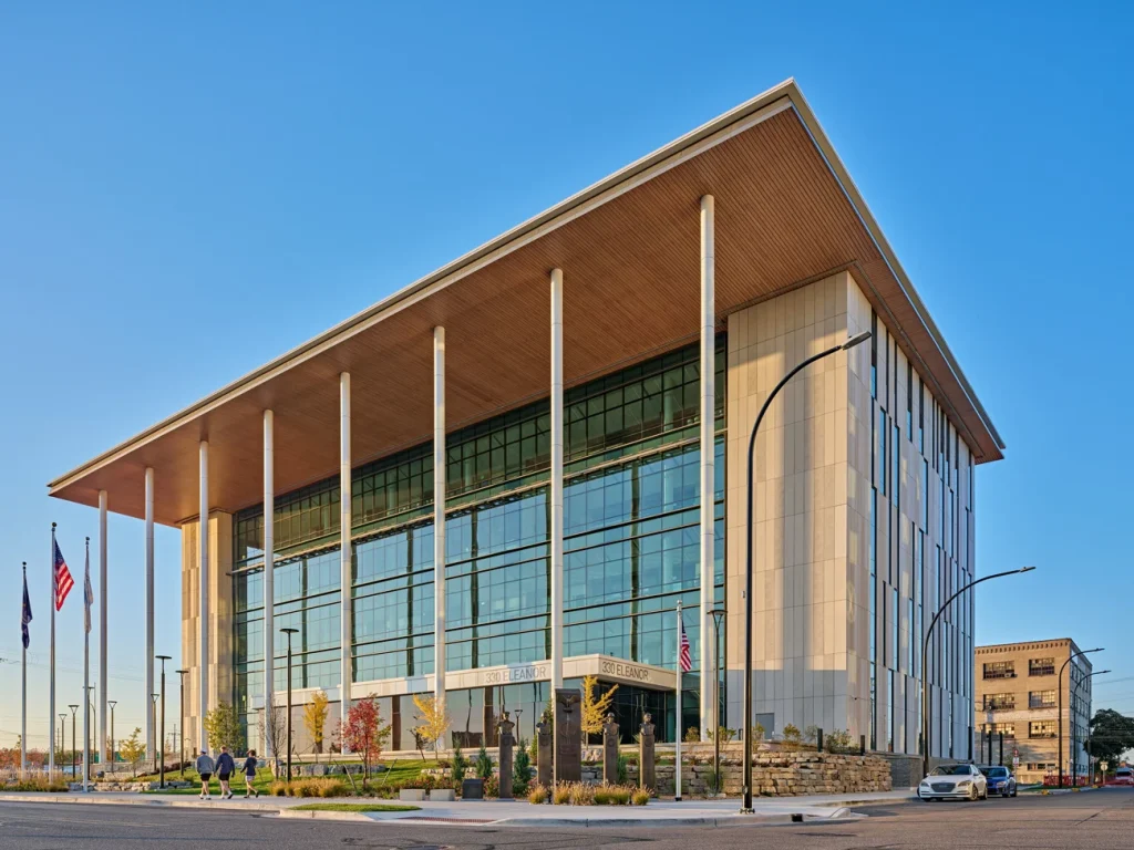 Exterior of the Kalamazoo County Justice Complex, the current courthouse serving landlord–tenant cases in Kalamazoo County, Michigan.