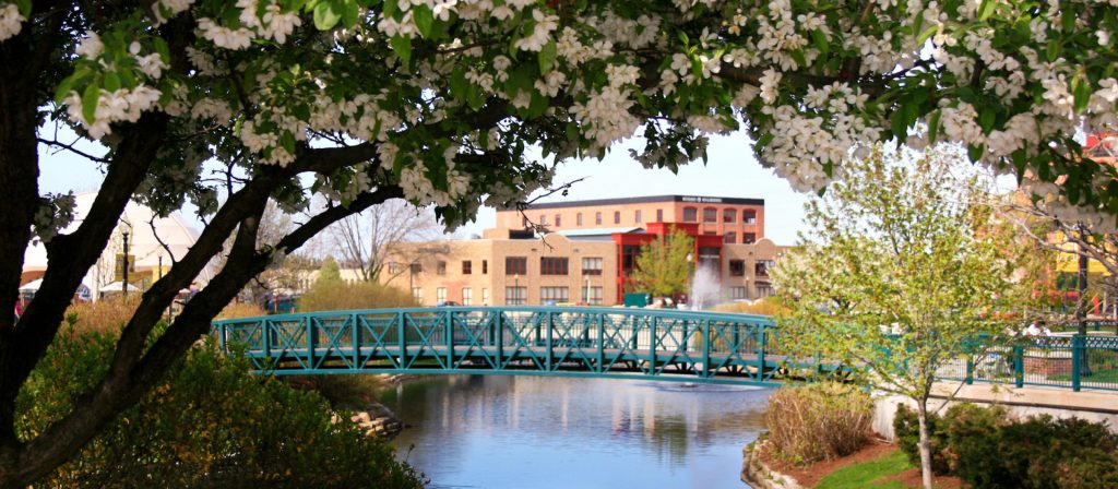 Pedestrian bridge over the Kalamazoo River in downtown Kalamazoo, framed by spring blossoms and surrounding city buildings.